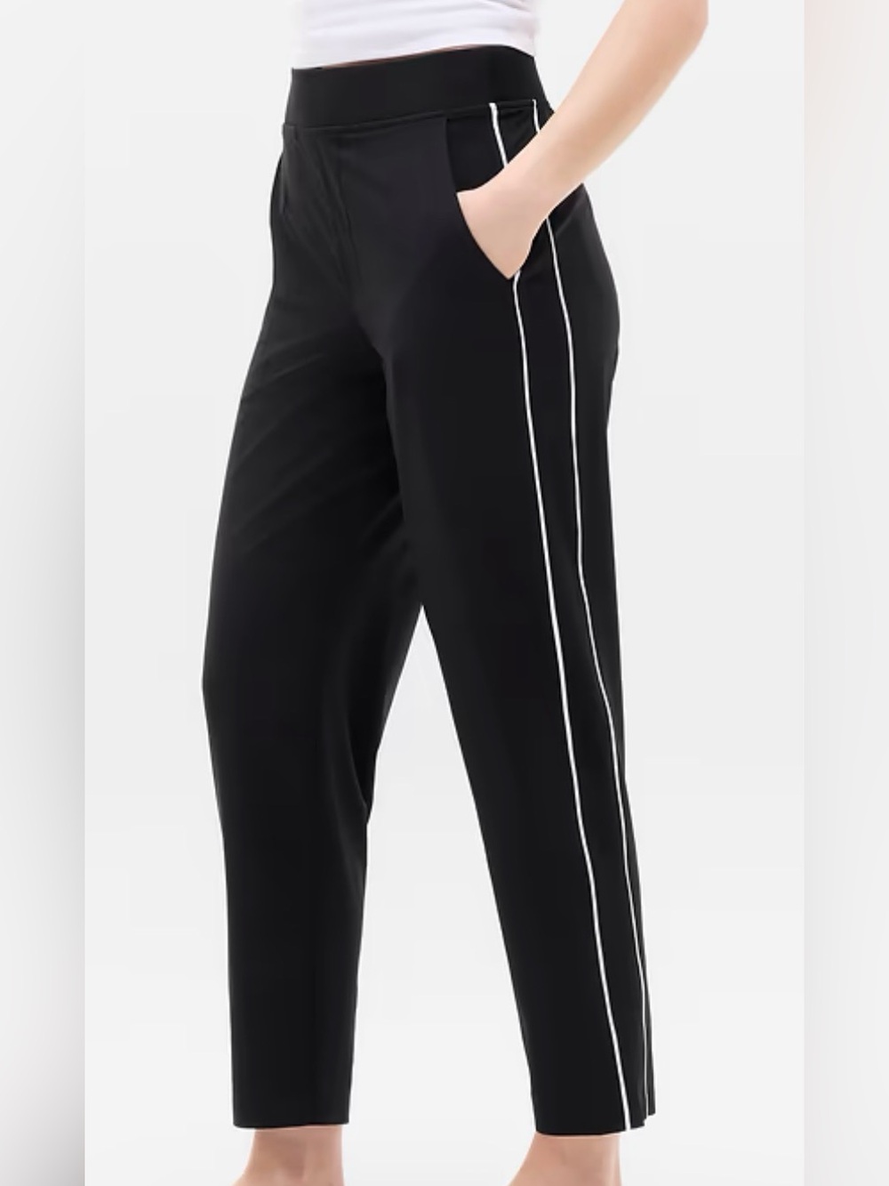 Athleta Brooklyn Piping Ankle Black Pants 10 NWT Track Travel Comfort Athletic